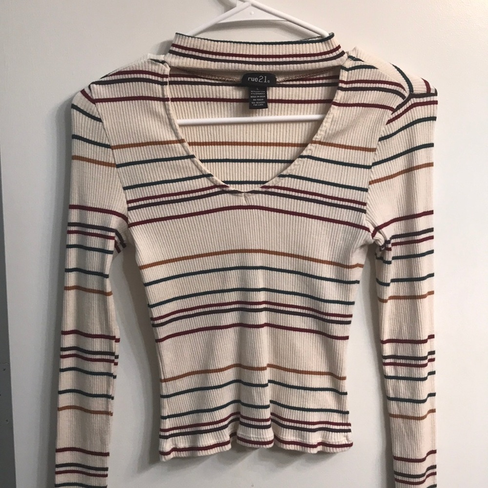 Cream striped long sleeve crop top